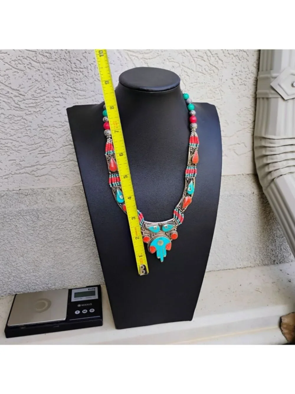 Handcrafted Tibetan Silver Collar Necklace w/Inlay Turquoise & Coral w/Beads